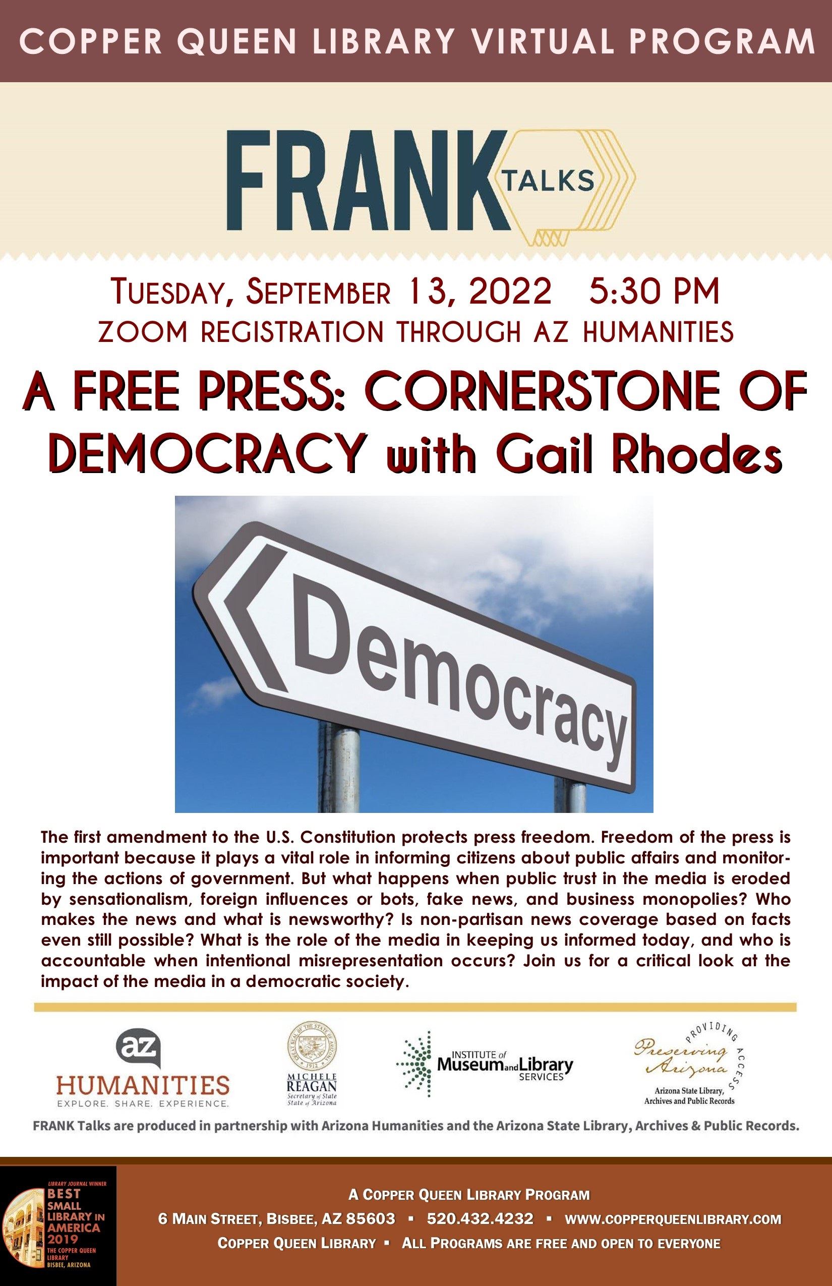 CQL AZ HUM FRANK TALKS GAIL RHODES FREE PRESS 9.13. 2022 8.5 X 11