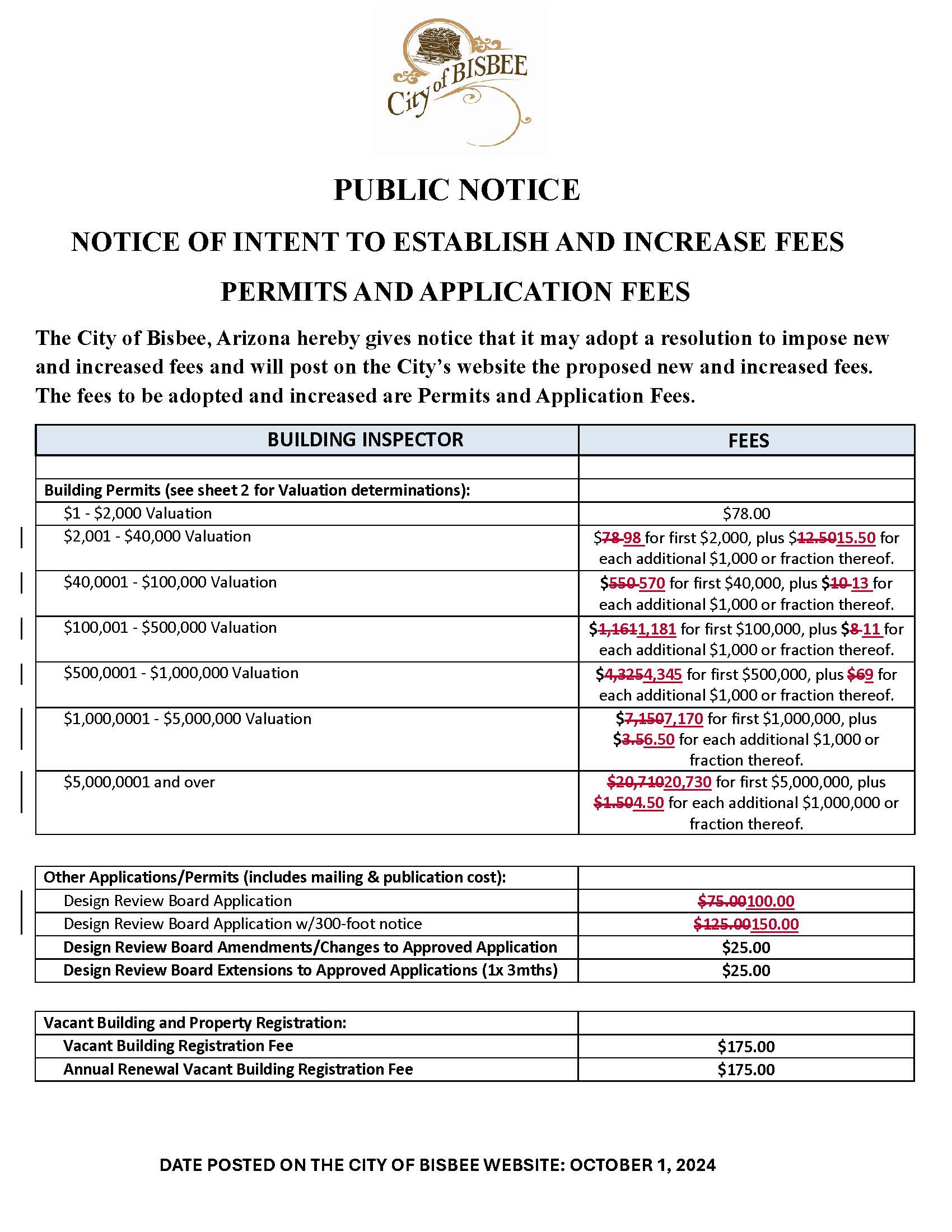 PUBLIC NOTICE ESTABLISH AND INCREASE FEES